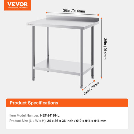 Nerūdijančio plieno darbo stalas VEVOR HET-24*36-L, 610 x 914 mm