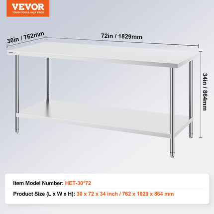 Nerūdijančio plieno paruošimo stalas VEVOR HET-30*72, 1829x762 mm