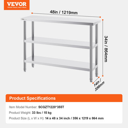 Nerūdijančio plieno darbo stalas VEVOR SCGZT1220*355T, 35,6x121,9 cm