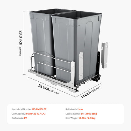 Ištraukiama šiukšliadėžė VEVOR BB-LM50L02, 2 x 47 l