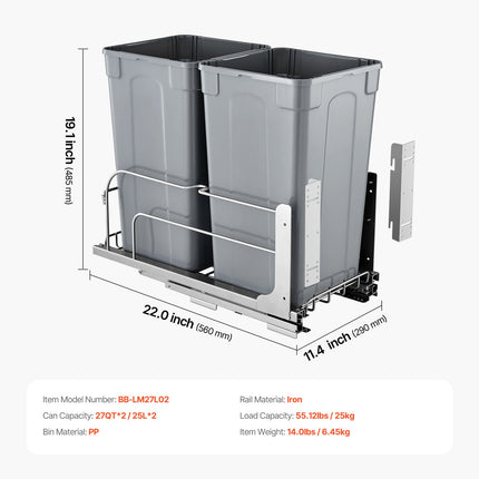 Ištraukiama šiukšliadėžė VEVOR BB-LM27L02, 2 x 25,5 l
