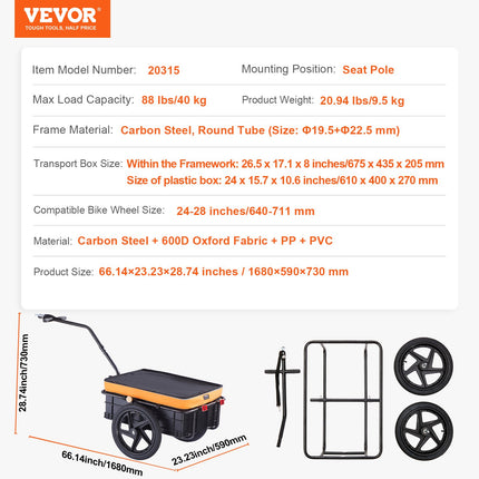 Dviračio priekaba kroviniams VEVOR 20315, 40 kg keliamoji galia