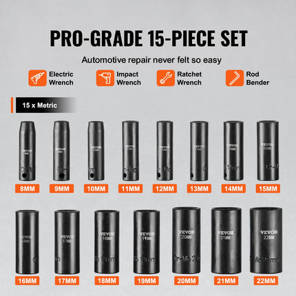 Smūginių galvučių rinkinys VEVOR SX38D15000, 15 dalių, 8-22 mm