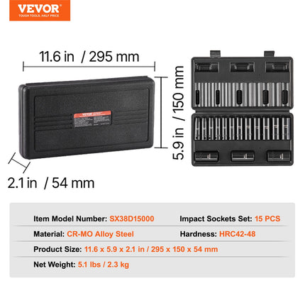 Smūginių galvučių rinkinys VEVOR SX38D15000, 15 dalių, 8-22 mm