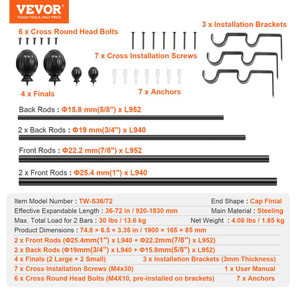 Dvigubas užuolaidų karnizas VEVOR TW-S36/72, 91,4–182,9 cm