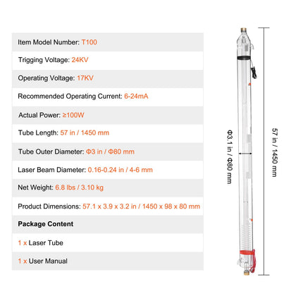 CO2 lazerio vamzdis VEVOR T100, 100W
