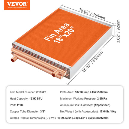 Šilumokaitis vanduo-oras VEVOR C18×20, 45,7 x 50,8 cm