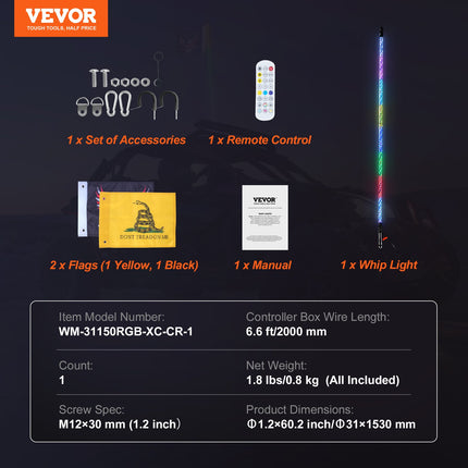 LED antenos žibintas VEVOR WM-31150RGB-XC-CR-1, 152 cm