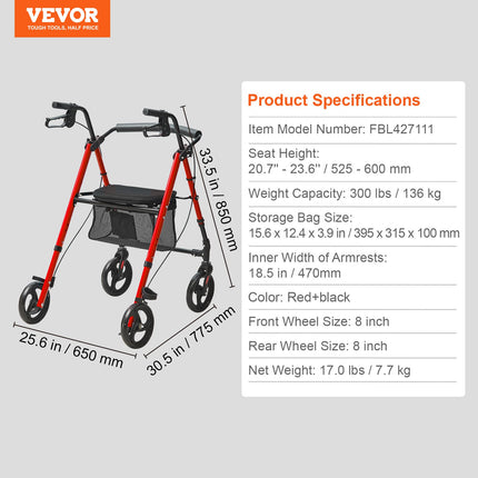 Vaikštynė su ratukais (rolatorius) VEVOR FBL427111, 136 kg apkrova