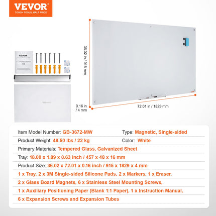 Magnetinė stiklinė lenta VEVOR GB-3672-MW, 183x92 cm