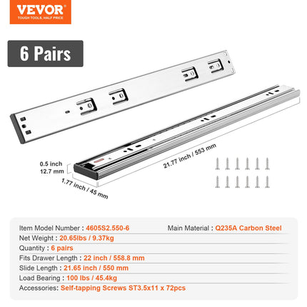 Stalčių bėgeliai VEVOR 4605S2.550-6, 558,8 mm