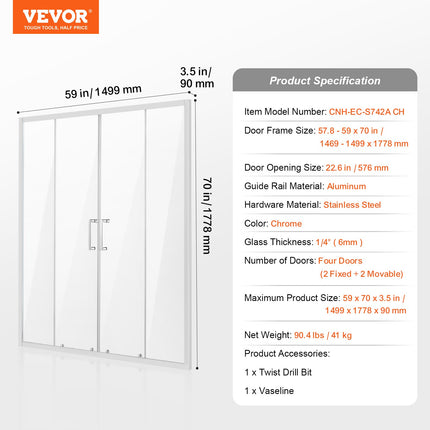 Pusiau rėminės dušo durys VEVOR CNH-EC-S742A CH, 147-150 x 178 cm