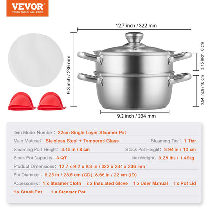 Garų puodas VEVOR 22 cm, 3 QT talpa
