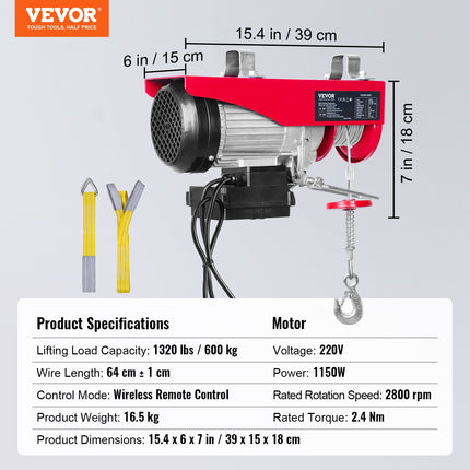 Elektrinė gervė VEVOR 1150W, 600 kg keliamoji galia