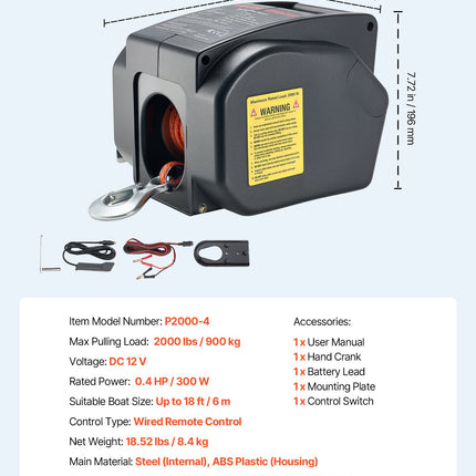 Elektrinė valčių gervė VEVOR P2000-4, 900 kg