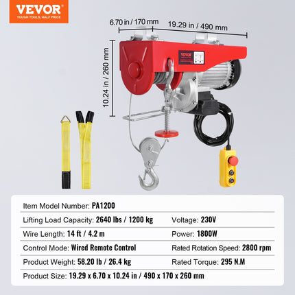 Elektrinė gervė VEVOR PA1200, 1200 kg