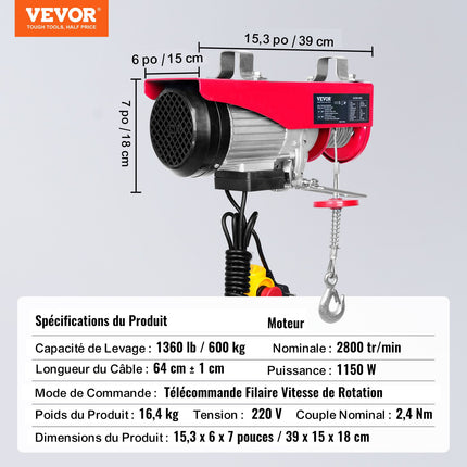 Elektrinė gervė VEVOR 1150W, 600 kg keliamoji galia