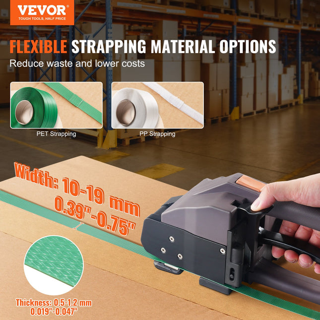 Elektrinis surišimo įrankis VEVOR DS-19, 10–19 mm juostoms