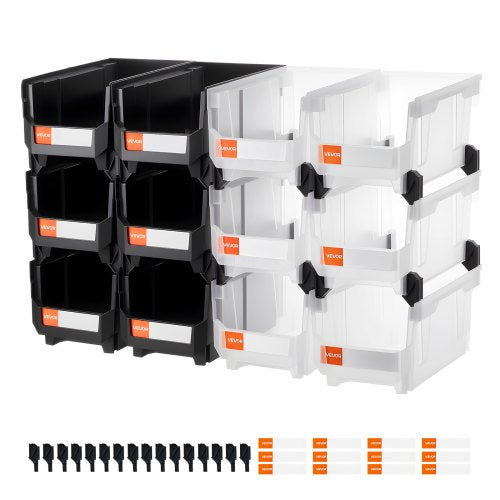 Plastikinės sandėliavimo dėžės VEVOR V6-Black&Clear-12, 12 vnt. rinkinys