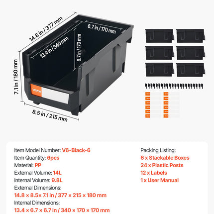 Plastikinės sandėliavimo dėžės VEVOR V6-Black-6, 6 vnt.