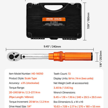 Dinamometrinis raktas VEVOR HG-14050, 1/4", 2,3–27,1 Nm