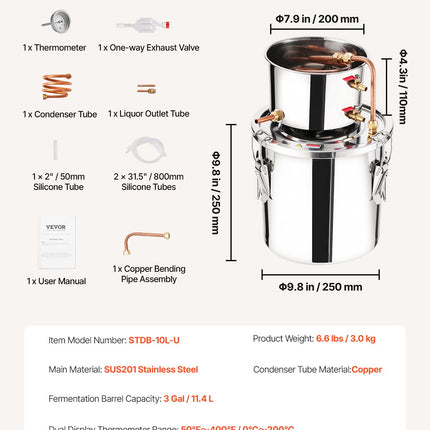 Alkoholio distiliavimo aparatas VEVOR STDB-10L, 11,4 l