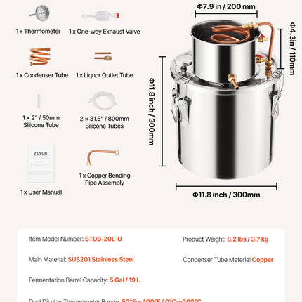 Alkoholio distiliavimo aparatas VEVOR STDB-20L, 19 l