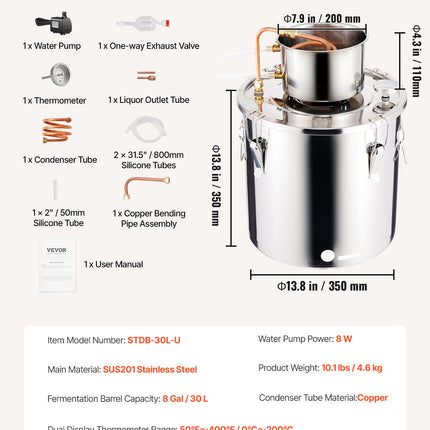Alkoholio distiliavimo aparatas VEVOR STDB-30L-U, 30 l