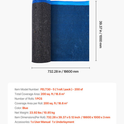 Grindų paklotas VEVOR FELT30-5, 18,6 m²