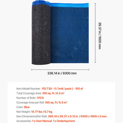 Grindų paklotas VEVOR FELT30-5, 3 mm storio, 9,3 m²