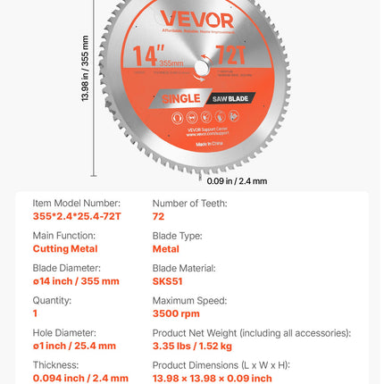 Pjovimo diskas metalui VEVOR 355*2.4*25.4-72T, 355 mm