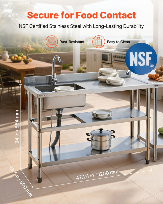 Nerūdijančio plieno plautuvė VEVOR SS1200-2, 1200 x 500 x 940 mm