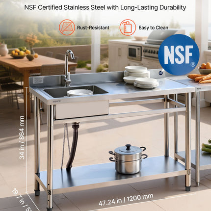 Nerūdijančio plieno plautuvė VEVOR SS1200-1, 1200x500x940 mm