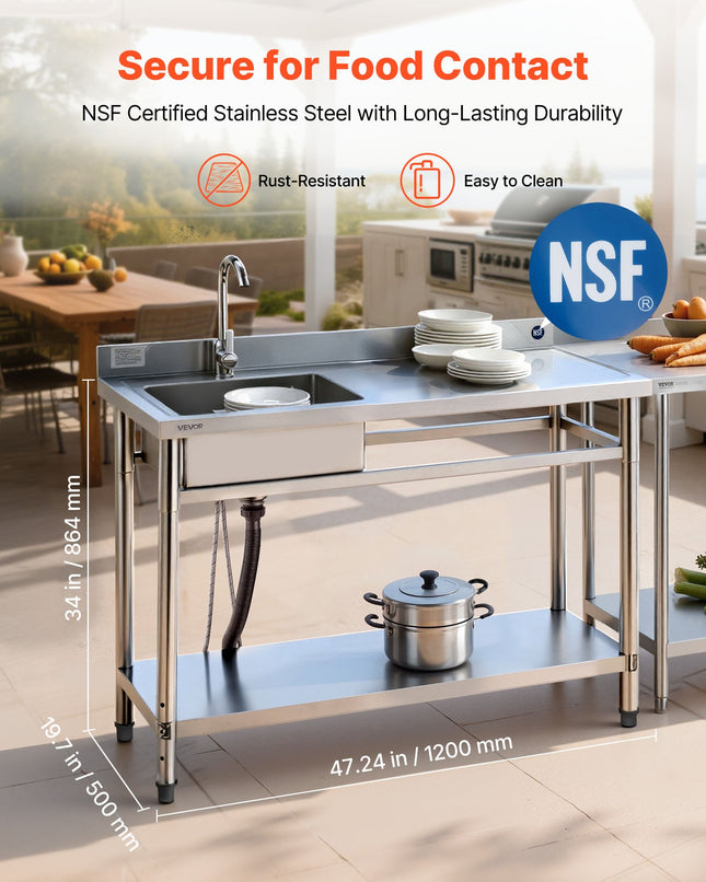 Nerūdijančio plieno plautuvė VEVOR SS1200-1, 1200x500x940 mm