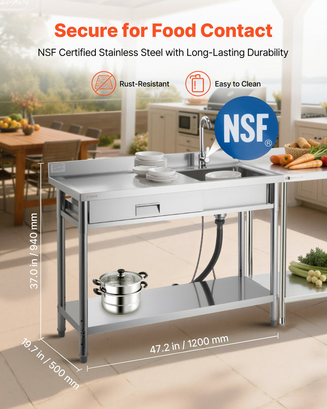 Nerūdijančio plieno plautuvė VEVOR SS1200-5, 1200 x 500 x 940 mm