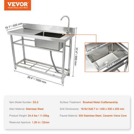 Nerūdijančio plieno plautuvė VEVOR S2-2, 100,1 x 48,5 x 95 cm