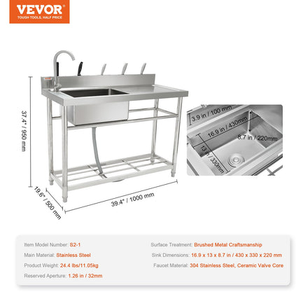 Nerūdijančio plieno plautuvė su darbastaliu VEVOR S2-1, 100,1 x 48,5 x 95 cm