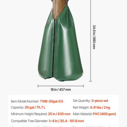 Medžių laistymo maišų rinkinys VEVOR TWB-20gal-D3, 3 vnt. po 75,7 l