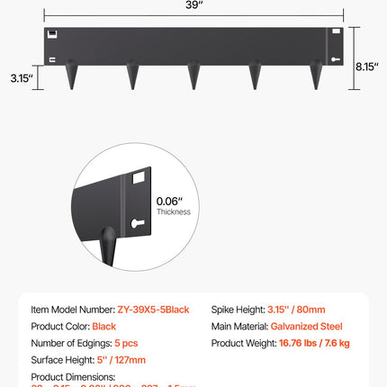 Plieniniai vejos atitvarai VEVOR ZY-39X5-5Black, 5 vnt. rinkinys