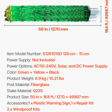 Elektrinis tinklas aptvarui VEVOR S1261015D, 1,27 m x 50 m