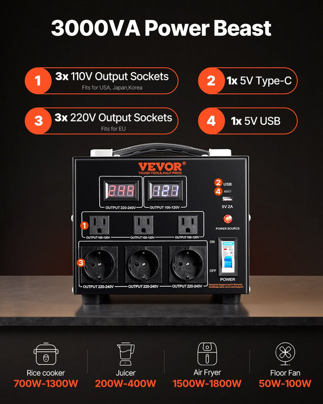 Įtampos keitiklis VEVOR SV-3000VA, 3000W