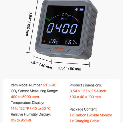 Anglies dvideginio (CO2) matuoklis VEVOR PTH-9C, su NDIR jutikliu