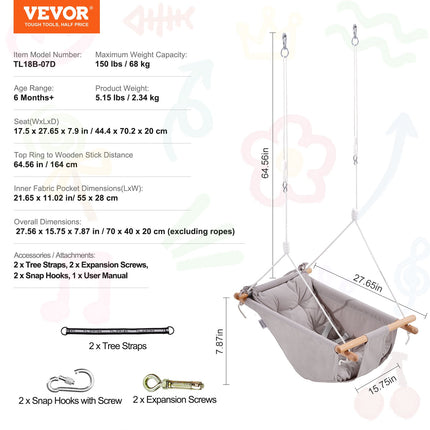Drobės hamakas-sūpynės VEVOR TL18B-07D, iki 68 kg