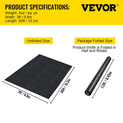 Geotekstilė nuo piktžolių VEVOR FCB-0.9*15.2M-5OZ, 0,9 x 15,2 m