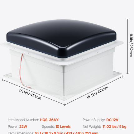Kemperio stogo ventiliatorius VEVOR HQS-36AY, 12V