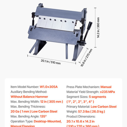 Lakštinio metalo lankstymo staklės VEVOR W1.0×305A, 305 mm
