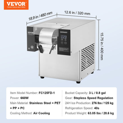 Komercinis snaigių ledo gaminimo aparatas VEVOR FC125FD-1, 125 kg/24 val.