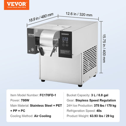 Pramoninis snaigių ledo generatorius VEVOR FC170FD-1, 170 kg/24h