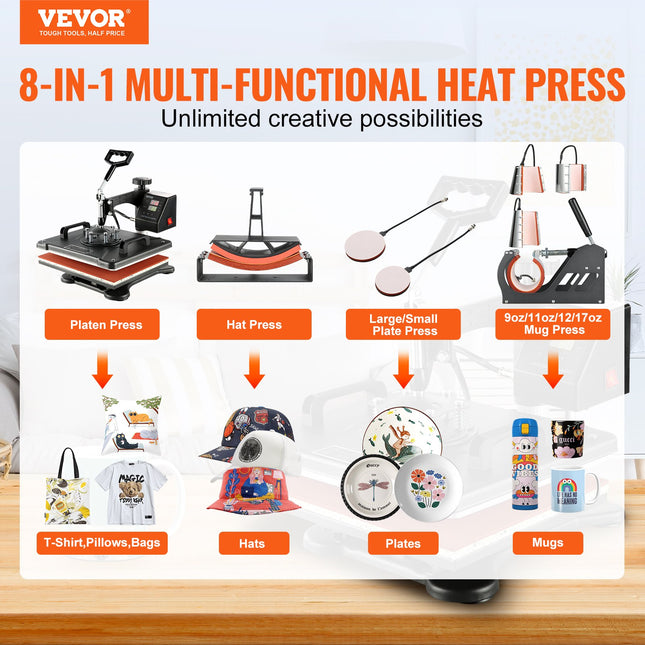 Termopresas VEVOR 8-in-1, 38x30 cm