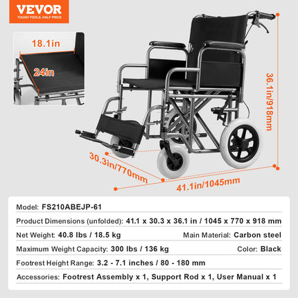 Neįgaliojo vežimėlis VEVOR FS210ABEJP-61, 136 kg keliamoji galia
